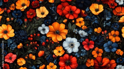 Wallpaper Mural A stunning array of flowers in orange, red, blue, and white, arranged in an abstract floral pattern. Ideal for graphic design, backgrounds, and artistic projects. Torontodigital.ca