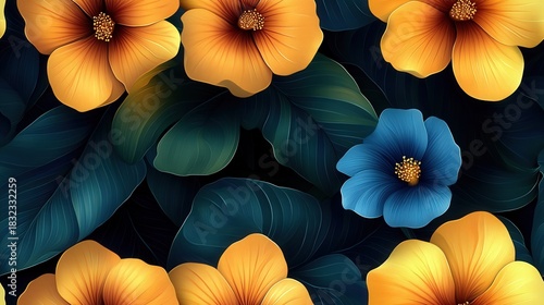 Wallpaper Mural Vibrant abstract floral design featuring rich yellow and blue hues. A colorful and dynamic pattern suitable for a variety of creative applications. Torontodigital.ca