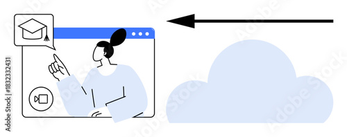 Online learning. A learner interacts with a course through video calls with cloud-based data sharing. Online learning fosters accessible education, teamwork, and remote collaboration. For e-learning