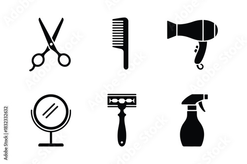 Collection of essential barber and salon tools and equipment icons
