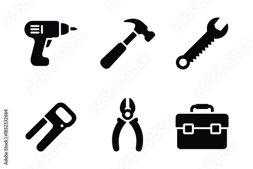 Collection of six common hand tools and a toolbox
