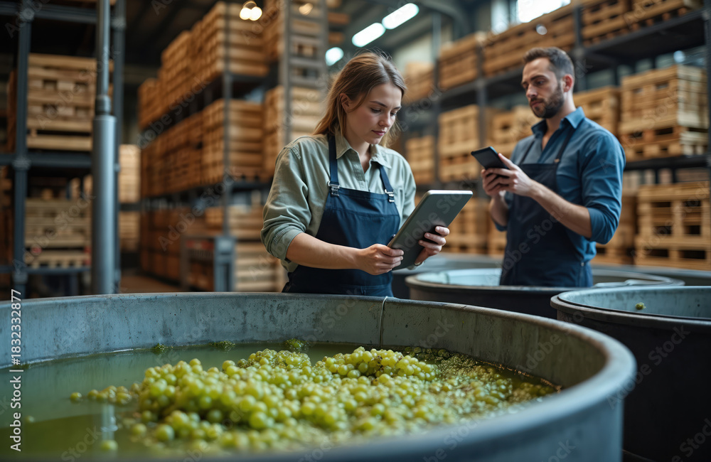Naklejka premium Two winery workers inspect green grapes in stainless steel tank using digital tablets. Colleagues check drink quality during wine production. Plant employees in aprons work with technology.
