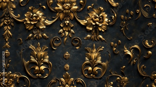 Intricate golden floral patterns create a luxurious and elegant design against a dark, textured background. Perfect for backgrounds, textures, and decorative elements.