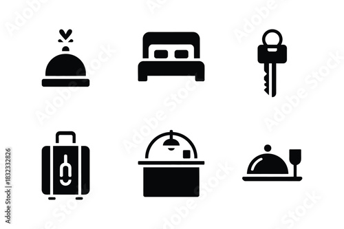 Hotel service icons featuring luggage bed key bar and dining
