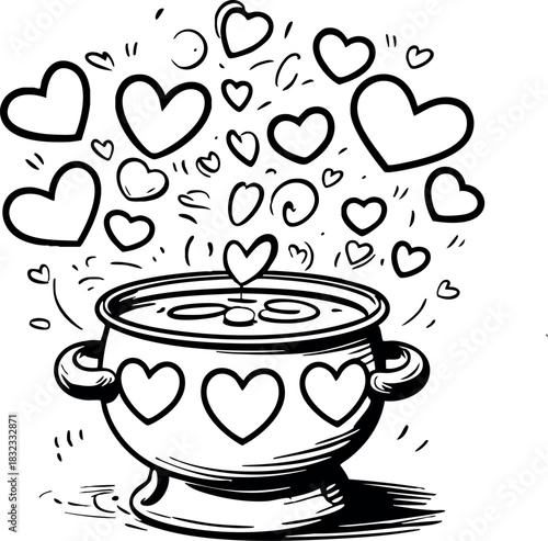 A cute black-and-white doodle of a cup overflowing with hearts, surrounded by floating love symbols in a playful hand-drawn style.