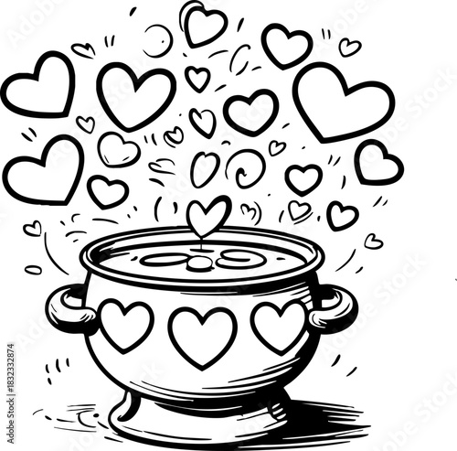 A cute black-and-white doodle of a cup overflowing with hearts, surrounded by floating love symbols in a playful hand-drawn style.