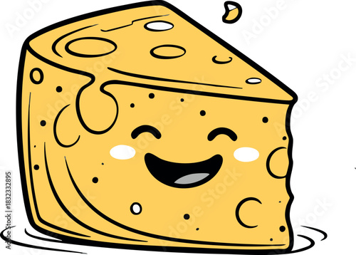A cute smiling cartoon cheese wedge with round holes and a happy face in a bold, playful style.

