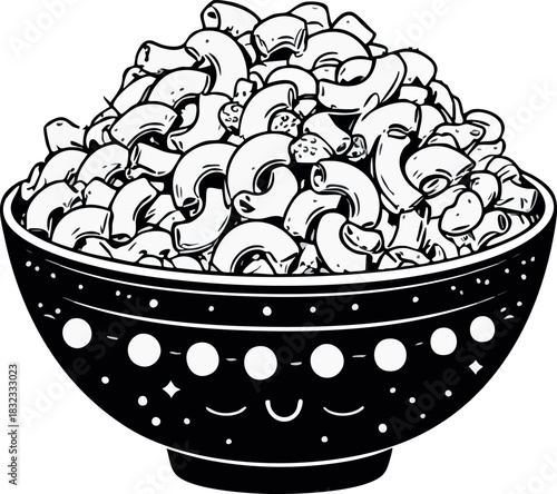 A bowl filled with macaroni pasta is illustrated in a cute cartoon style with a decorative dotted pattern and a smiling face on the bowl.