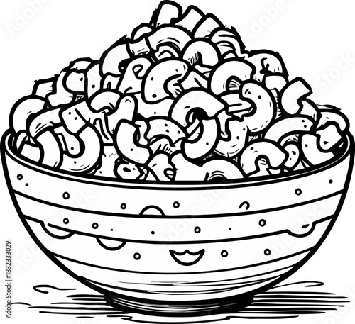 A large bowl filled with macaroni pasta is illustrated in a cute, black-and-white cartoon style with decorative stripes and tiny smiling faces on the bowl.