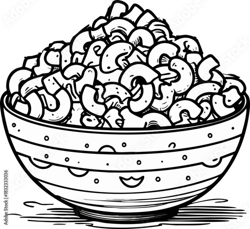 A large bowl filled with macaroni pasta is illustrated in a cute, black-and-white cartoon style with decorative stripes and tiny smiling faces on the bowl.