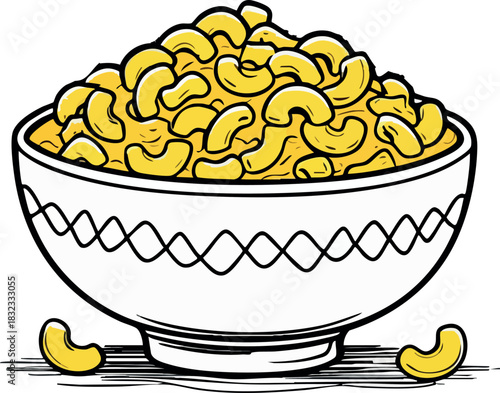 A white patterned bowl is filled to the top with yellow macaroni noodles in a bold, cartoon-style illustration with a few pieces scattered around it.