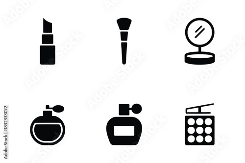 Collection of six black and white makeup and beauty product icons