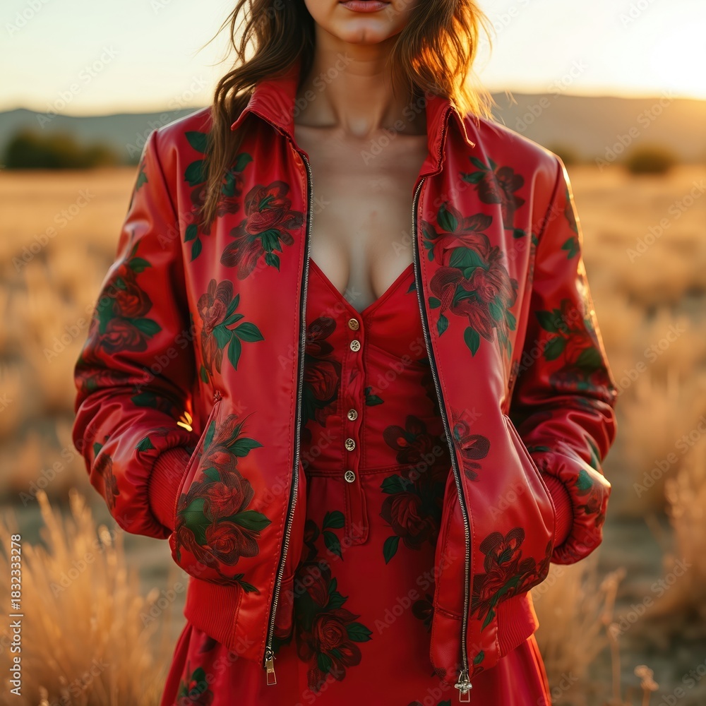 Fototapeta premium Young woman stands in dry field during golden hour sunset. Wears vibrant red bomber jacket with green rose floral pattern over matching dress. Golden light illuminates chic outfit. Poses confidently