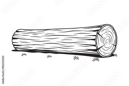 Black and white sketch of a rough wooden log on the ground