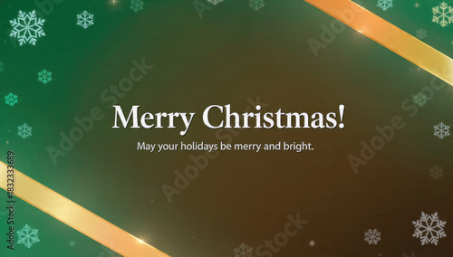 A festive 'Merry Christmas!' greeting on a gradient background with sparkling gold ribbons and shimmering snowflakes, wishing bright holidays.