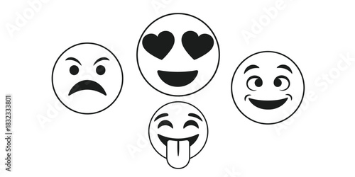 Four simple cartoon faces expressing different emotions in black and white