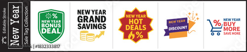 Boost Your New Year Sales with these Eye-Catching Deal Tags Featuring Bonus Deals, Grand Savings, Hot Offers, and Discounts to Entice Customers