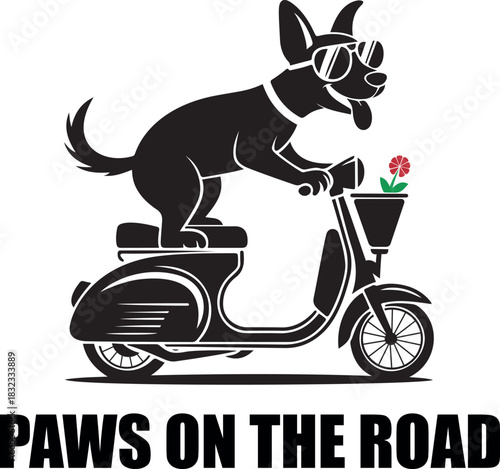 Cute scooter-riding dog design with fun paws on the road theme