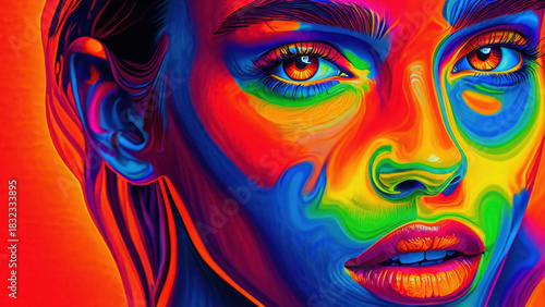 Thermal palette portrait, infrared aesthetic face close-up, false color heatmap skin, neon gradient contour mapping, cyber glow eyes, studio gel lighting, vivid spectrum hues, glossy lips