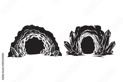 Two stylized cave entrances with crystalline formations