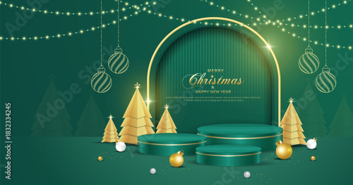 Merry Christmas Holiday Poster Template Design With Podium Stage, Decorative Light Bulb and Christmas Tree Texture. Christmas, New Year Holiday background.