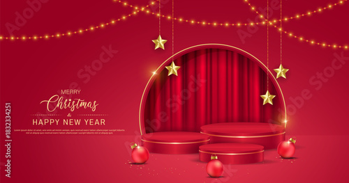 Merry Christmas Holiday Poster Template Design With Podium Stage, Decorative Light Bulb and Christmas Tree Texture. Christmas, New Year Holiday background.
