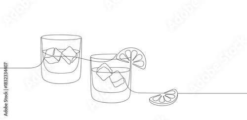 Whiskies and ice. Scotch on the rocks in glasses. Whiskey and soda. Continuous one line drawing vector illustration