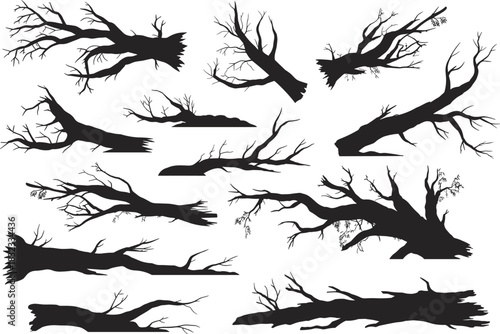 Dead tree silhouette cartoon vector set, broken branches, fallen logs, jagged stumps, forest decay icons, flat illustration, side view, nature concept