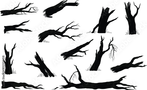 Dead tree silhouette cartoon vector set, broken branches, stumps, fallen logs, forest decay icons, flat illustration, side view, nature concept