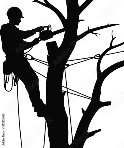 Arborist Silhouette with Chainsaw and Harness Vector Illustration, Professional Tree Trimmer Cutting Tree Branch, Worker Safety and Tree Service Maintenance Concept, Isolated Black Shape on White