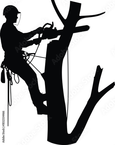 Arborist Silhouette Vector Illustration, Tree Trimming Worker with Chainsaw and Safety Harness Climbing, Professional Lumberjack Pruning Tree Service Concept, Isolated Black Shape on White Background