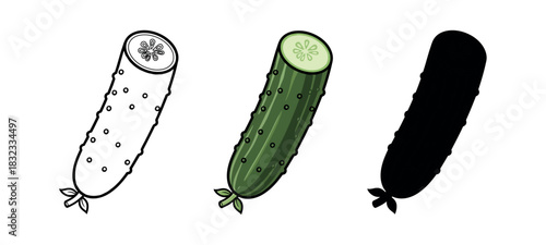Cucumber in line art, color, and silhouette variations against a clean white backdrop