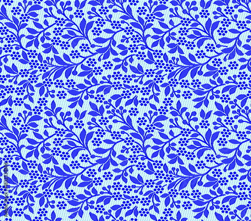 Intricate blue floral pattern seamless background with delicate leaves and berries