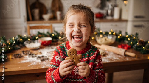 Lifestyle Photography of a Happy Girl Baking Gingerbread Cookies in Messy Christmas Kitchen.