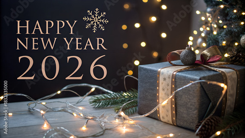 happy new year 2026 background with gift and magic lights in dark color