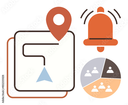 Map with waypoint, location pin, route, alert bell, pie chart with users. Ideal for navigation, teamwork, planning communication alerts task management collaboration. Simple flat metaphor