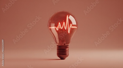 A red light bulb with a cardiogram on a red background. Glowing light bulb with an electrocardiogram inside on a red background