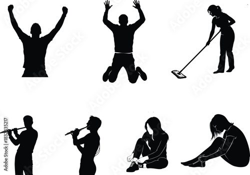 Black silhouette of diverse people in various activities on white