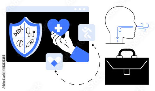 Hand holding healthcare heart, shield with medical icons, airflow illustration, and briefcase hinting at health, care protection, fitness, work-life balance. Ideal for medicine, wellness business
