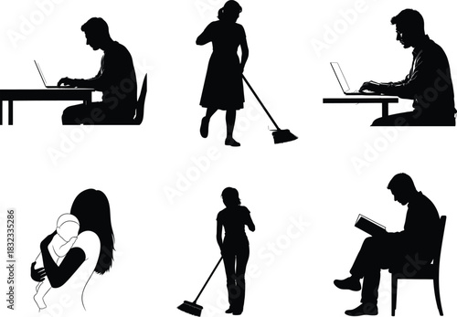 Silhouette set of people working cleaning and relaxing
