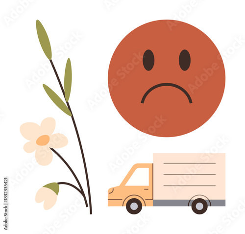 Minimalist design of a sad face, a blooming flower, and a delivery truck. Ideal for emotions, transportation, grief, waiting, environmental impact loss and melancholic visuals. Perfect simple flat