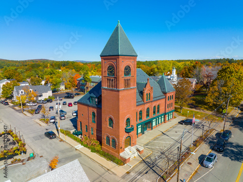 Brewster Memorial Hall is now the town hall at 84 S Main Street in historic town center of Wolfeboro, New Hampshire NH, USA. 