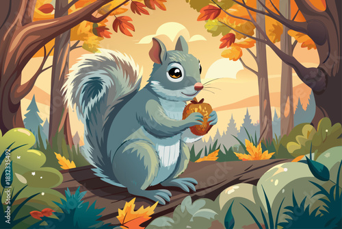Gray squirrel eating nuts while sitting on a tree branch, wildlife close-up, forest natural environment, forest animal behavior, autumn nature scene.