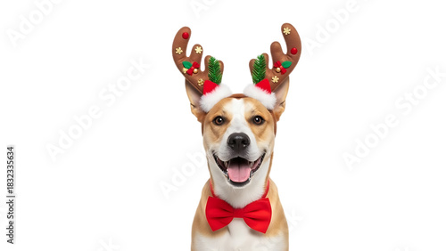 A happy dog wearing reindeer antlers and a red bow tie against a black background looking at the camera