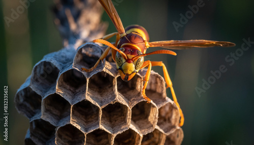 A paper wasp diligently guards its intricate hexagonal honeycomb nest.