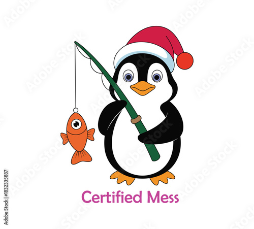 Cartoon penguin wearing Santa hat fishing for orange fish with text Certified Mess christmas.