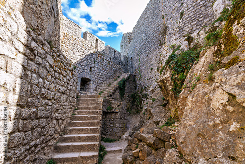 The Cathar medieval castle of Peyrepertuse in the Aude department, southern France situated in the French Pyrenees