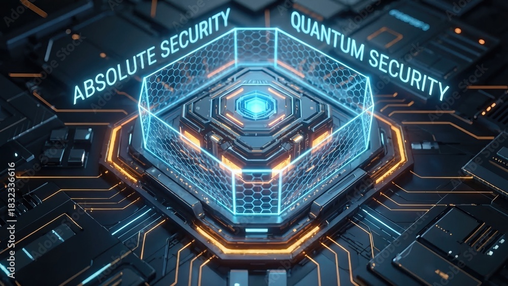 Fototapeta premium Futuristic quantum security core with glowing blue energy and hexagonal grid. Absolute data protection concept for modern 5G networks and digital connectivity. Advanced cybersecurity visualization
