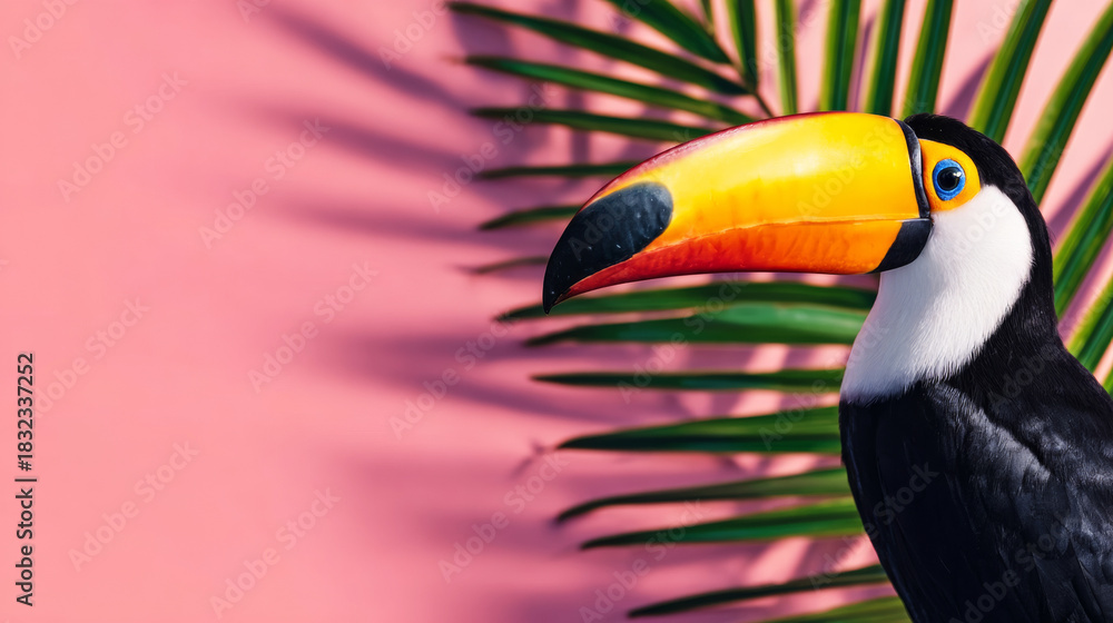 Naklejka premium Toucan bird showcasing colorful beak, white chest. Palm tree leaf shadows falling on bright pink wall, creating a tropical summer vibe