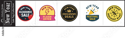New Year sale tags for your business promotions, including clearance sale, flash offers, exclusive deals, and festival sales for holiday shopping